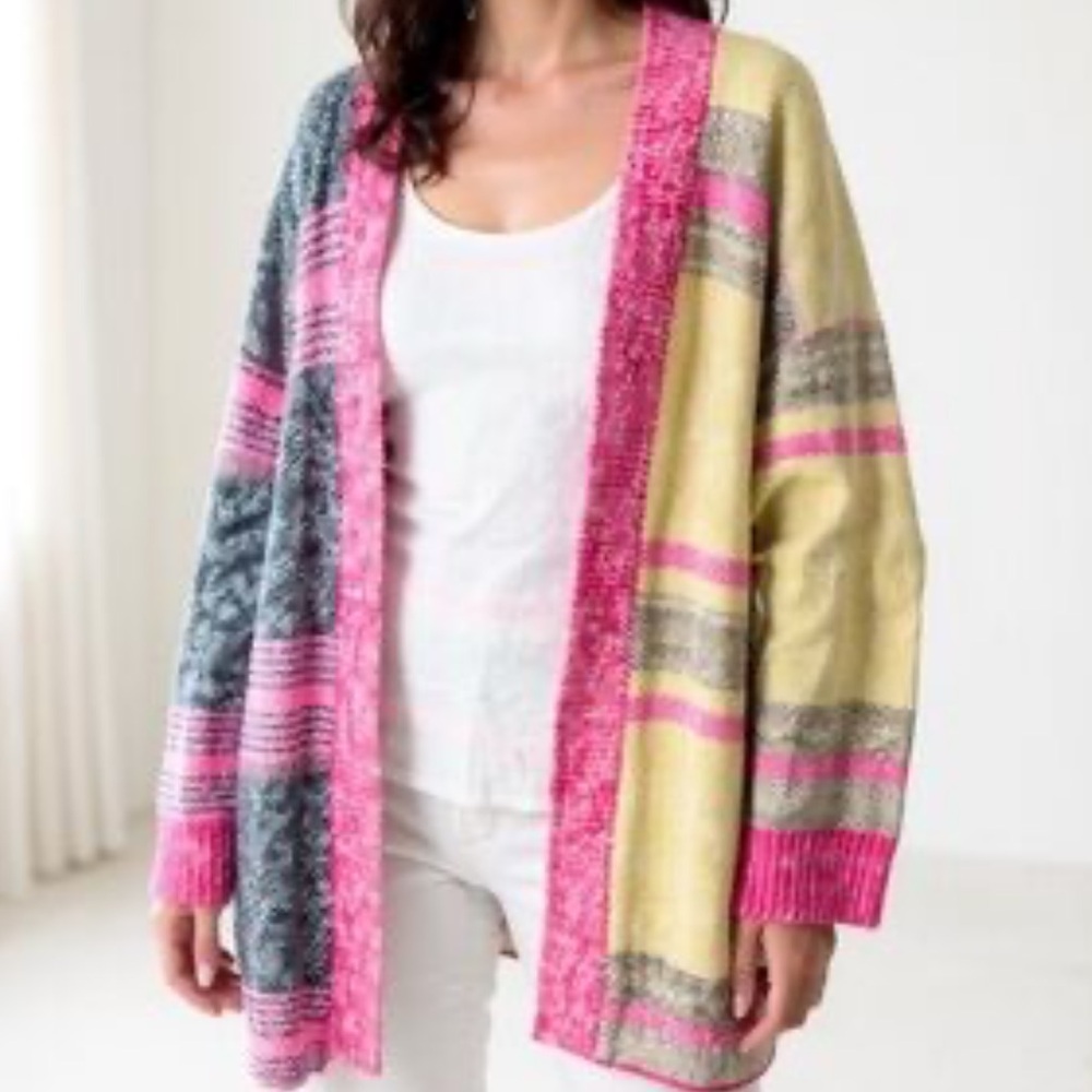 Vici for Mazik Pink and White Knit funky pattern colorblock Cardigan Sweater